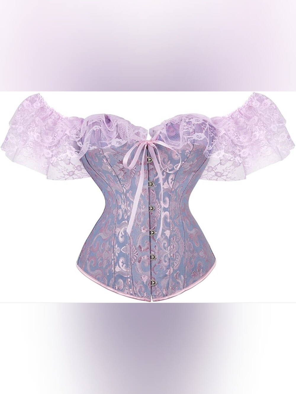 Off-Shoulder Lavender Brocade Corset Top with Lace Sleeves